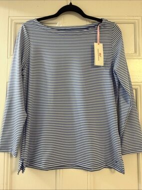 Vineyard Vines Blue and White Striped Long Sleeve Boatneck Top
